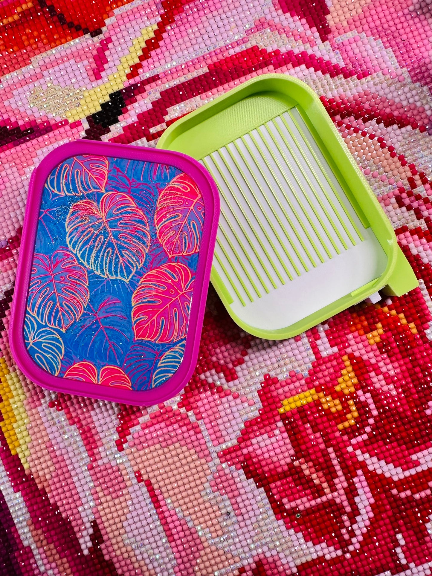 Diamond Art Tray- Monstera Vibes Diamond Art Tray Lid and built in Tray Stopper | Diamond Art Tray with Lid Stackable