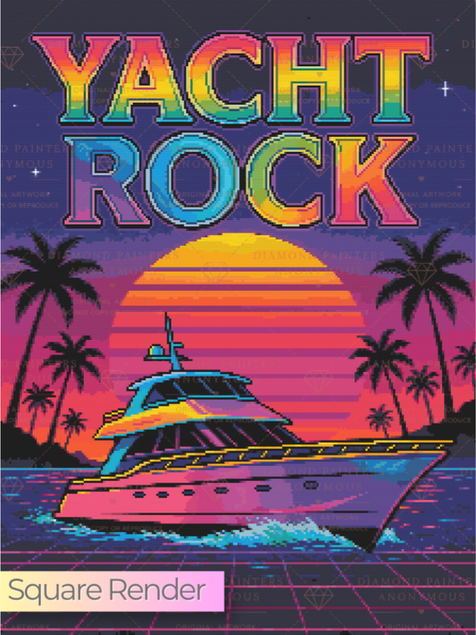 Square-render preview of a colorful retro “Yacht Rock” design featuring a yacht cruising beneath a striped sunset, surrounded by palm trees and a neon-inspired tropical landscape.
