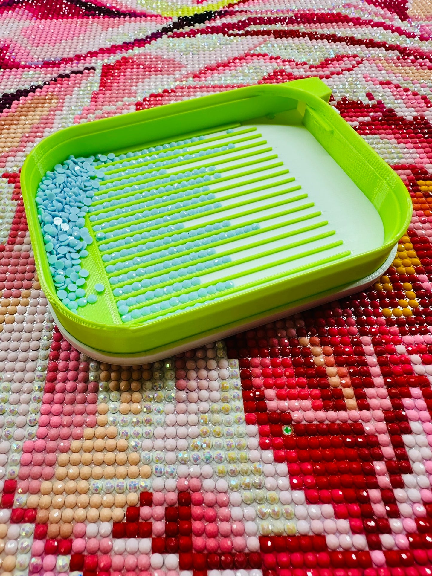 Handmade stackable diamond painting tray with watercolor koi fish design, featuring built-in slider and lid from Artesian Premium collection