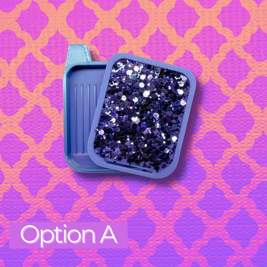 Blue container with purple glitter on a pink and orange patterned background