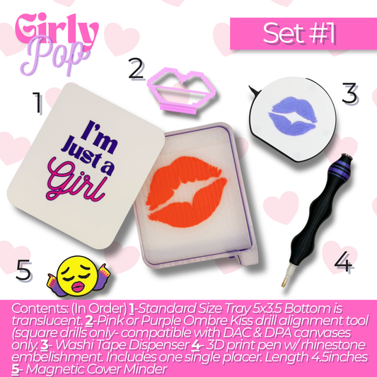 a collage of diamond art tray with just a girl phrase, washi tape holder, lip shaped diamond art ruler, diamond art pen, girly pop cover minder, all 3d printed products Contents: (In Order) 1-Standard Size Tray 5x3.5 Bottom is translucent. 2-Pink or Purple Ombre Kiss drill alignment tool (square drills only- compatible with DAC & DPA canvases only. 3- Washi Tape Dispenser 4- 3D print pen w/ rhinestone embellishment. Includes one single placer. Length 4.5inches 5- Magnetic Cover Minder