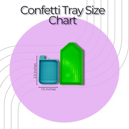 Confetti Tray Size Chart with two trays, one green and one blue, on a purple background.