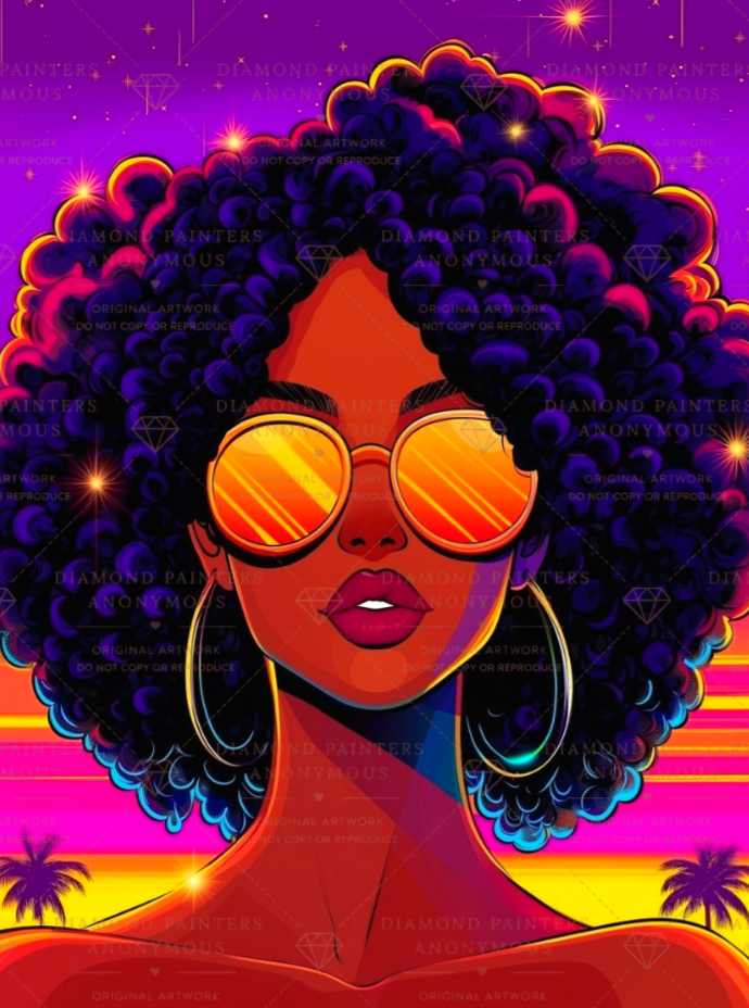 Vibrant digital illustration of a woman with a large dark afro hairstyle, round reflective gold sunglasses, and large hoop earrings, set against a colorful purple, pink, and yellow background with palm trees and star effects.