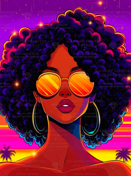 Vibrant digital illustration of a woman with a large dark afro hairstyle, round reflective gold sunglasses, and large hoop earrings, set against a colorful purple, pink, and yellow background with palm trees and star effects.