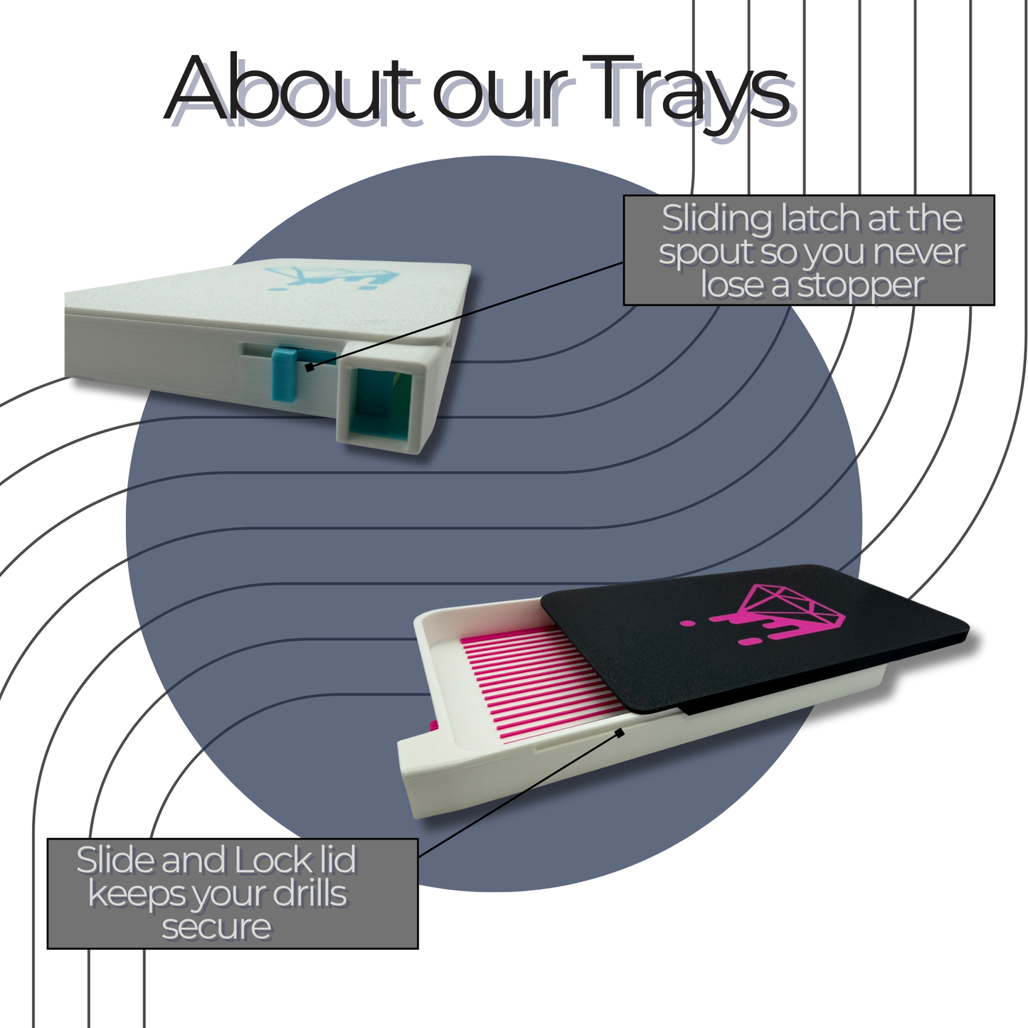 Trays with sliding latch and slide and lock lid feature on a white background