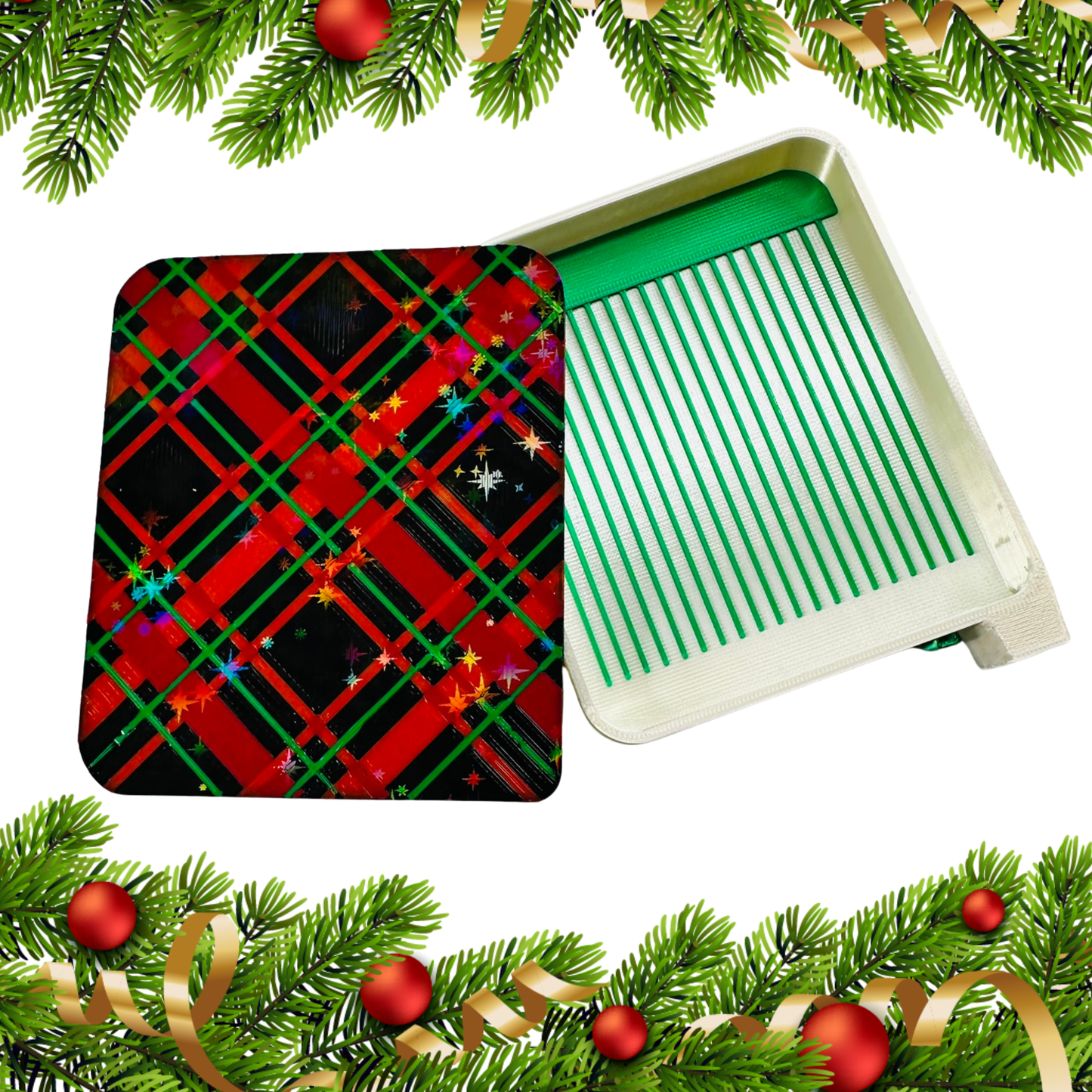 Christmas Plaid Diamond Art Tray – Limited Holiday Edition- Standard Size Sliding Lid with Enclosed Stopper
