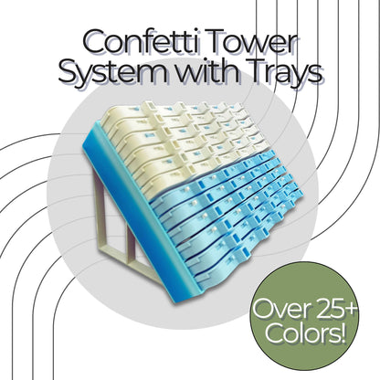 Confetti tower system with trays on a white background