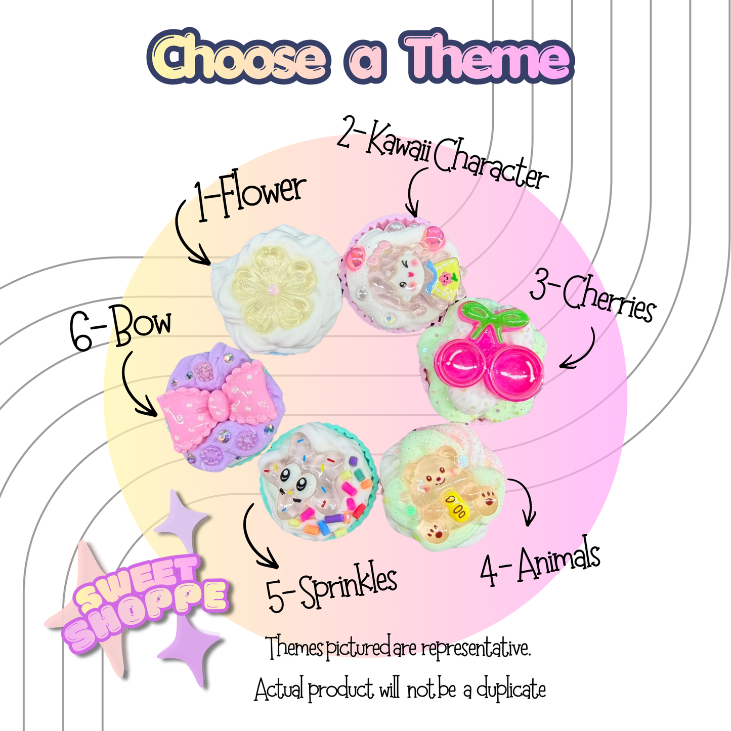 Diagram of decorative items with theme options on a pink background