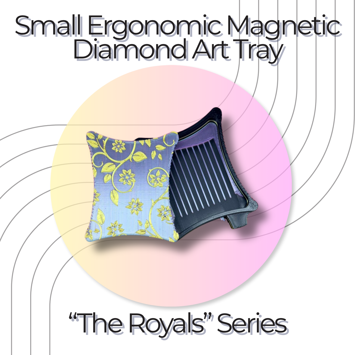 small ergonomic magnetic diamond art tray cover featuring a dark tray with silver lid and gold floral accents