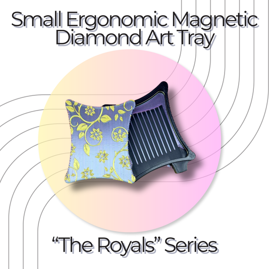 small ergonomic magnetic diamond art tray cover featuring a dark tray with silver lid and gold floral accents