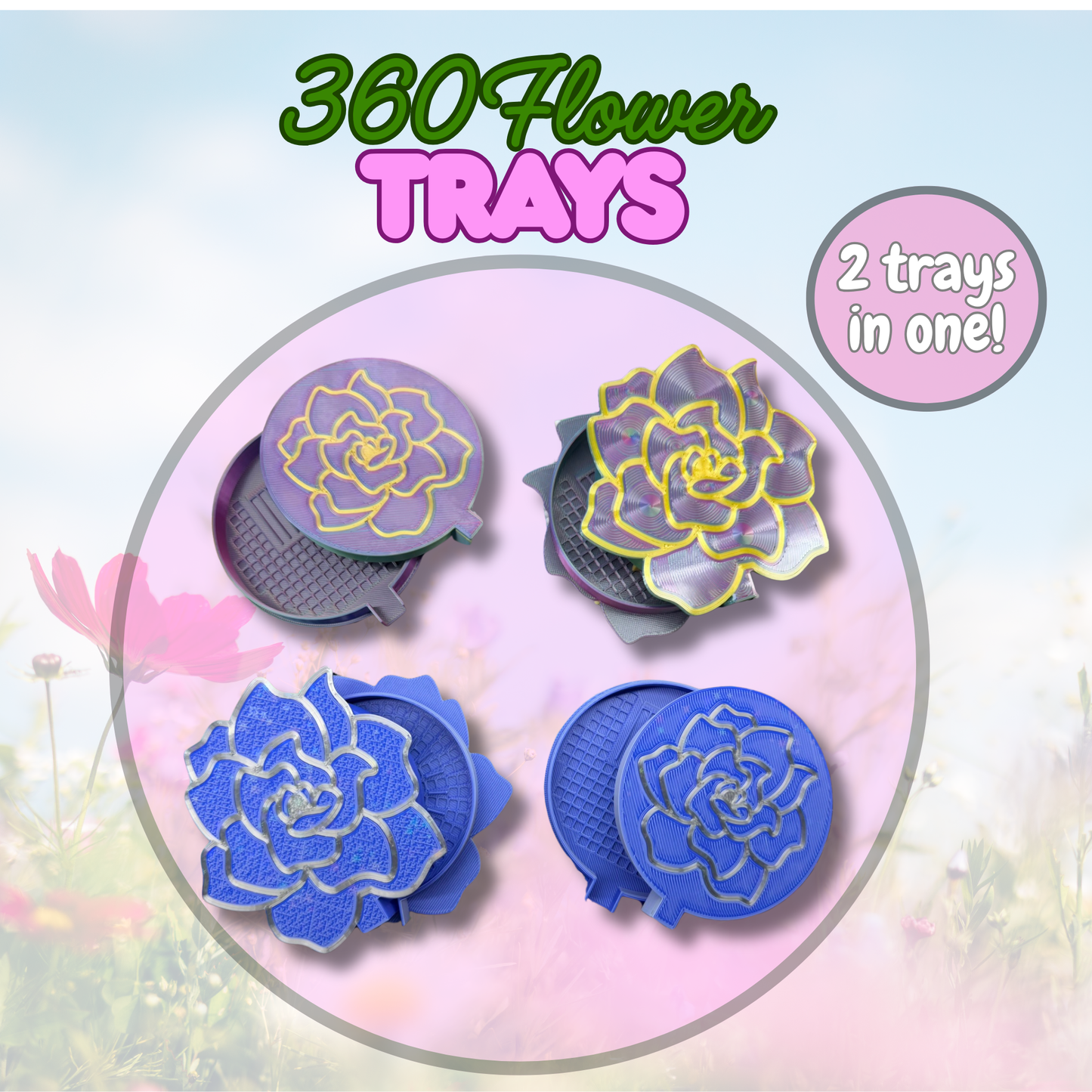 Flower-shaped tray designs on a colorful background