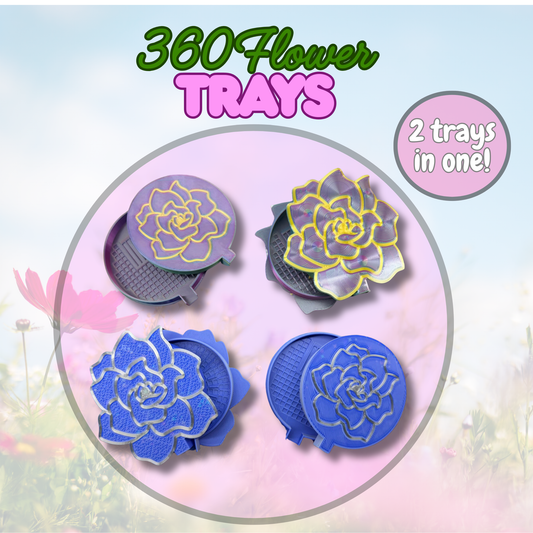 Flower-shaped tray designs on a colorful background