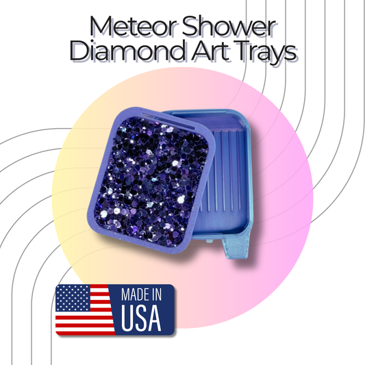 Blue glittery tray with 'Made in USA' label on a colorful background