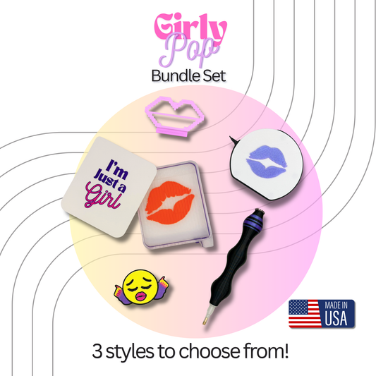 a collage of diamond art tray with just a girl phrase, washi tape holder, lip shaped diamond art ruler, diamond art pen, girly pop cover minder, all 3d printed products