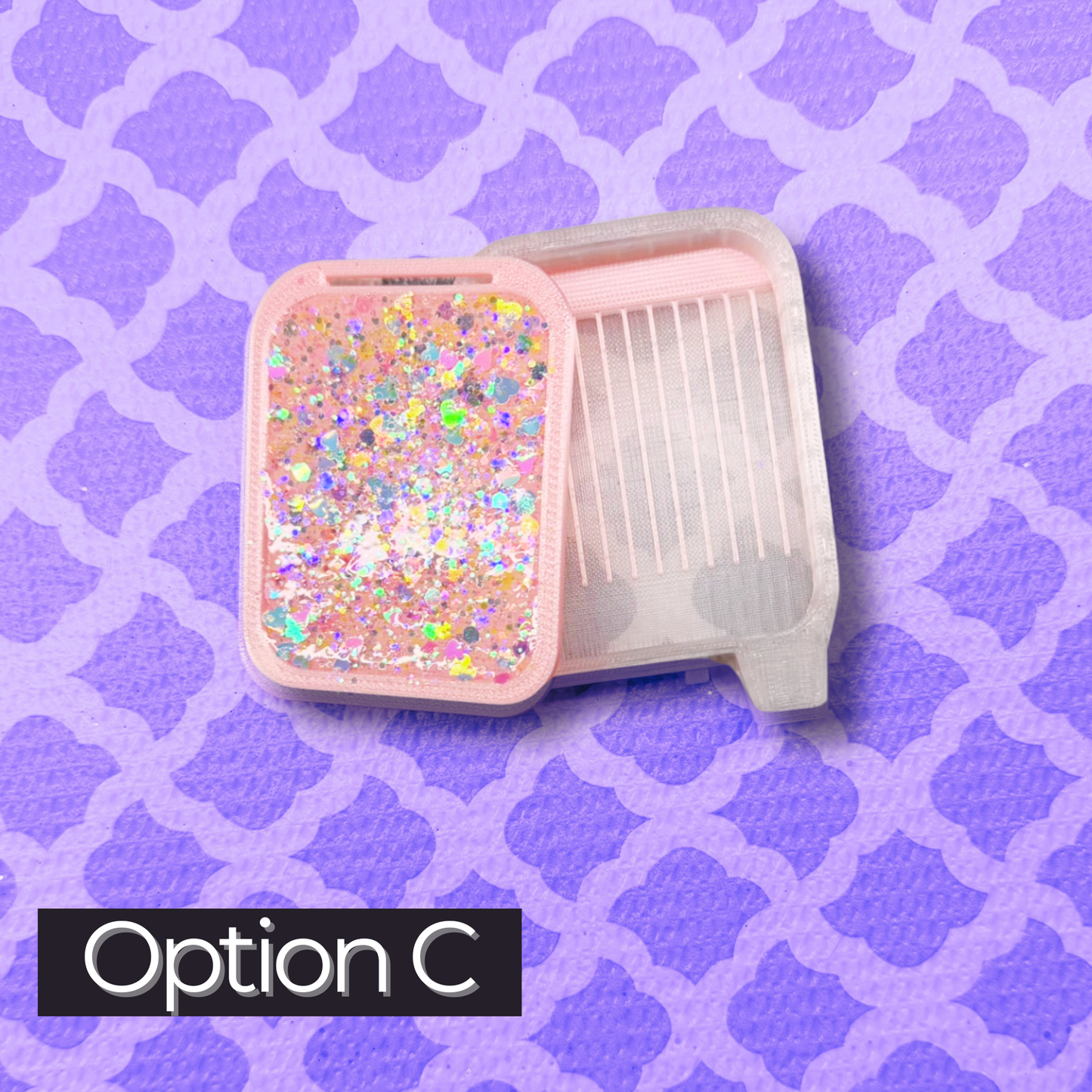 Pink tray with glittery design on a purple patterned background, labeled 'Option C'.
