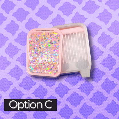 Pink tray with glittery design on a purple patterned background, labeled 'Option C'.