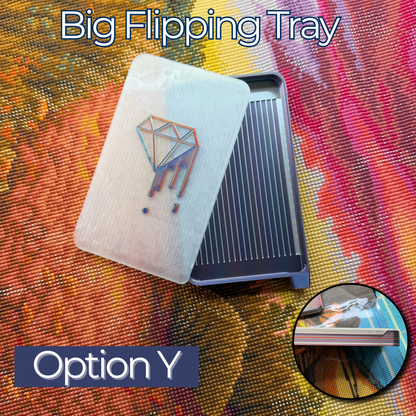 Big Flipping Tray, Option Y, featuring a color-shifting blue-and-purple tray with raised sorting lines and a translucent lid with an iridescent dripping-diamond design.