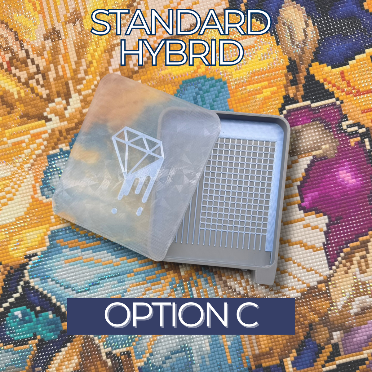 Standard Hybrid Tray, Option C, featuring a gray tray with white grid-and-line sorting sections and a translucent textured lid with a white dripping diamond design.