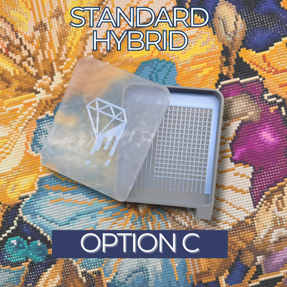 Standard Hybrid Tray, Option C, featuring a gray tray with white grid-and-line sorting sections and a translucent textured lid with a white dripping diamond design.