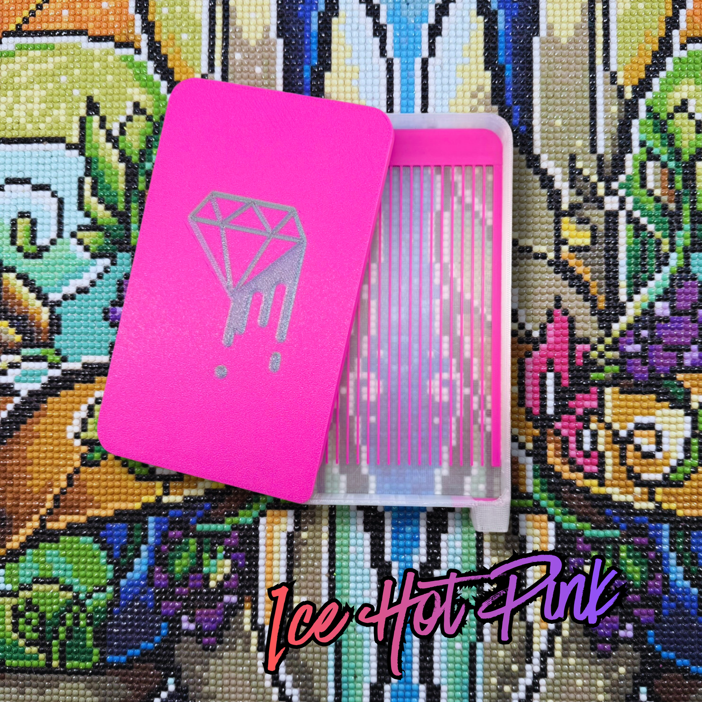 translucent tray with hot pink drill lines and lid, chrome diamond