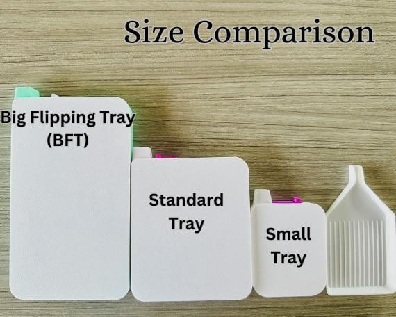 Three trays labeled 'Big Flipping Tray (BFT)', 'Standard Tray', and 'Small Tray' on a wooden surface.