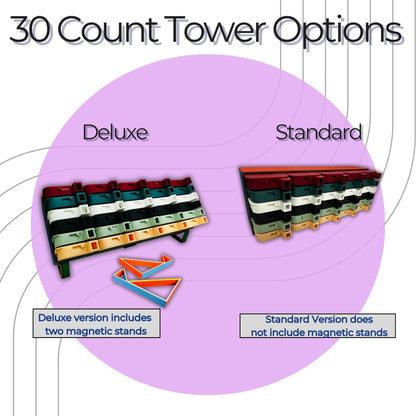 Comparison chart of Deluxe and Standard tower options with text on a purple background