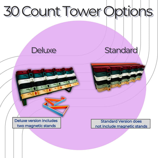 Comparison chart of Deluxe and Standard tower options with text on a purple background