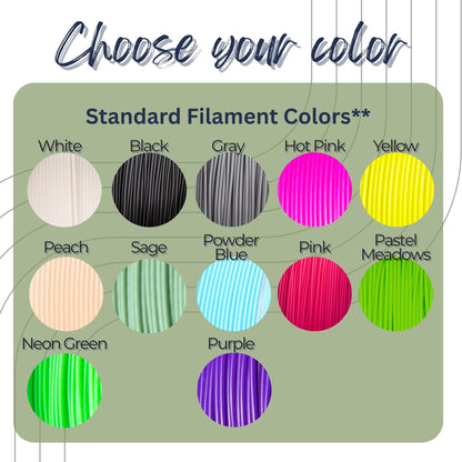 Color swatch chart for filament options with text 'Choose your color' at the top.