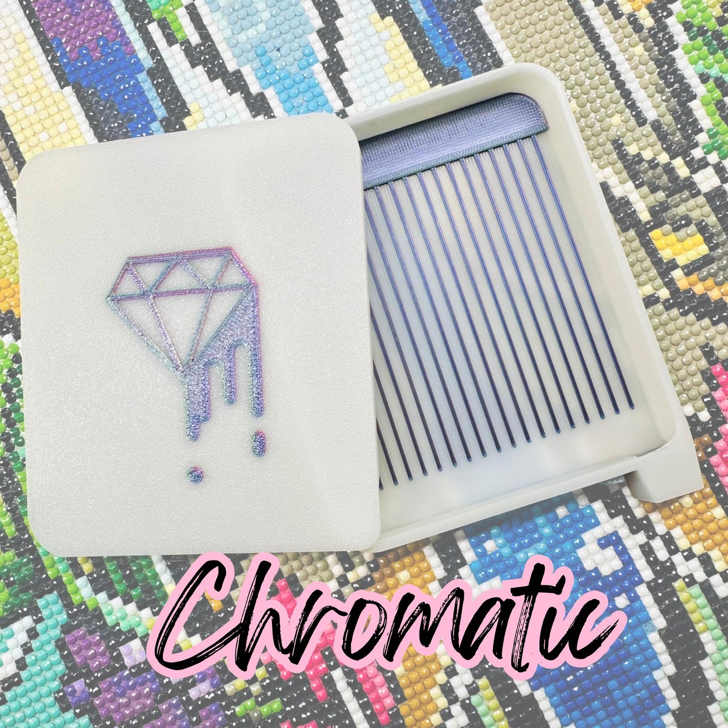 Product with a diamond design on a colorful pixelated background, featuring the brand 'Chromatic'.