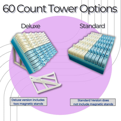 Comparison of 60 count Deluxe and Standard tower options with text on a purple background