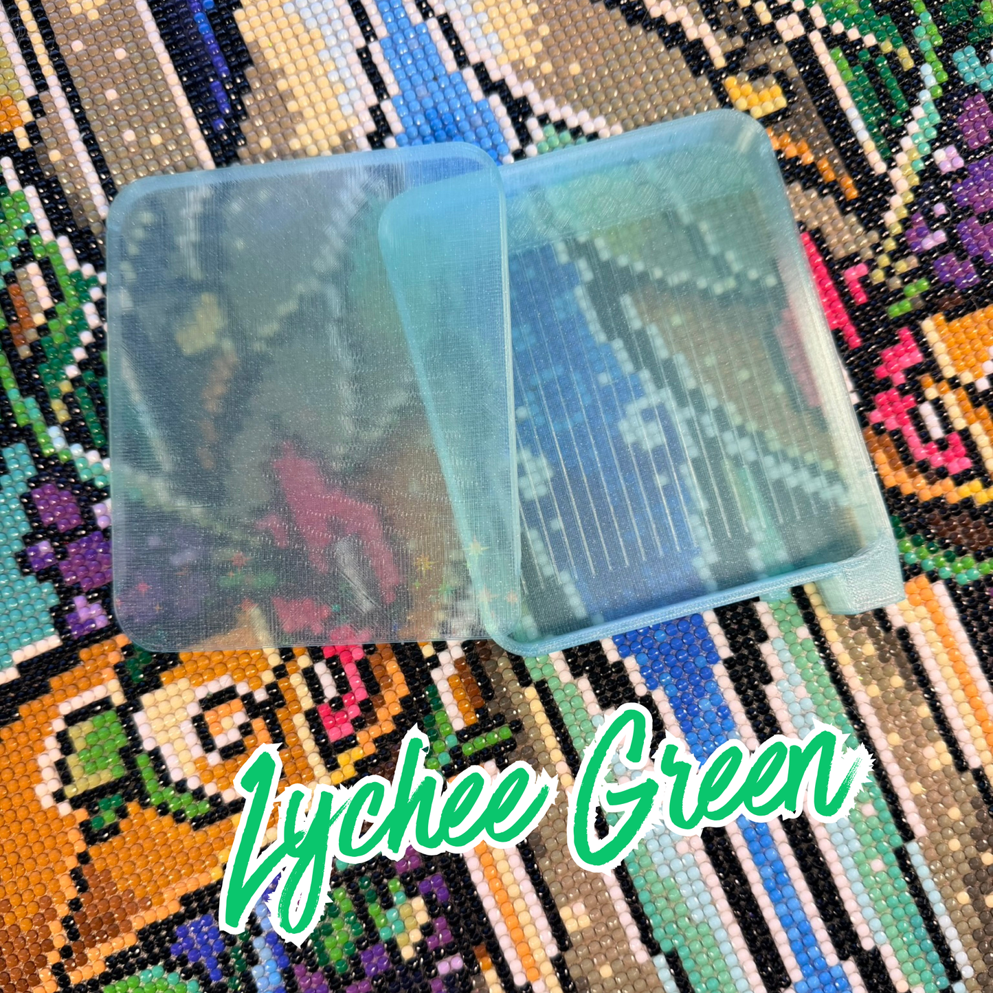 Transparent green diamond art tray  on a colorful patterned background with 'Lychee Green' text.