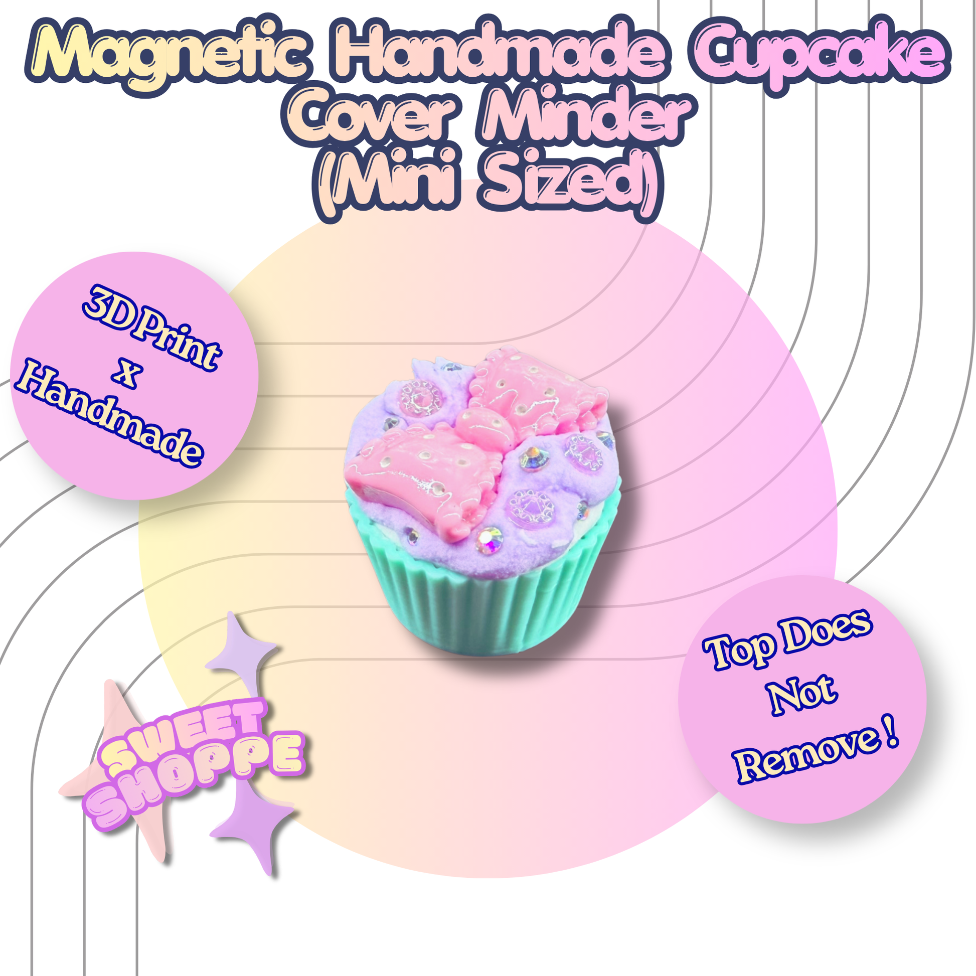 Miniature cupcake-shaped magnetic cover with colorful design on a pastel background, featuring text about product details.