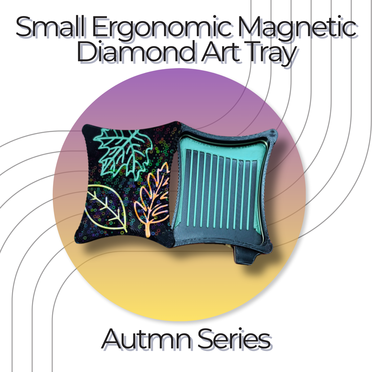 A small ergonomic magnetic diamond art tray from the Autumn Series,  embroidered leaf designs on lid magnetic base on a black tray with green lines.