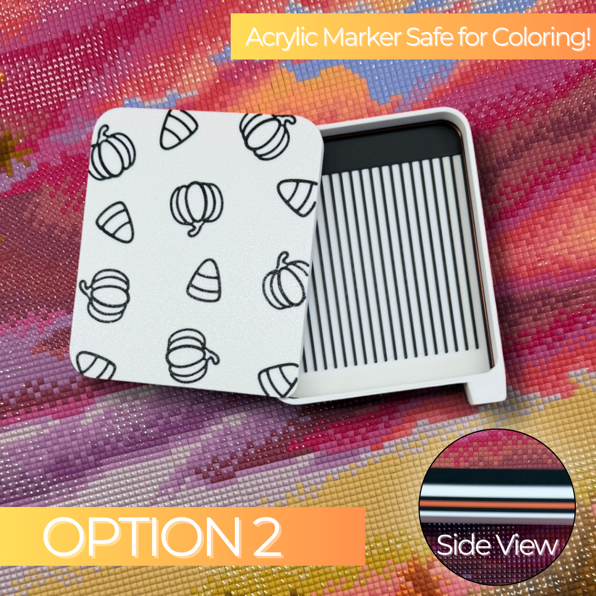 Pumpkin Candy Corn Diamond Art Tray, Option 2, featuring a white 3D printed drill tray with black grooves and a white sliding lid decorated with black pumpkin and candy corn outlines. The lid is suitable for coloring with acrylic markers, and a side-view inset shows the layered tray colors.