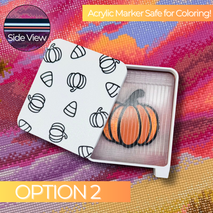 Pumpkin Candy Corn Deluxe Diamond Art Tray, Option 2, featuring a translucent 3D printed drill tray with an orange pumpkin design and a white sliding lid outlined with black pumpkins and candy corn. The lid can be colored with acrylic markers, and a side-view inset shows the layered tray colors.