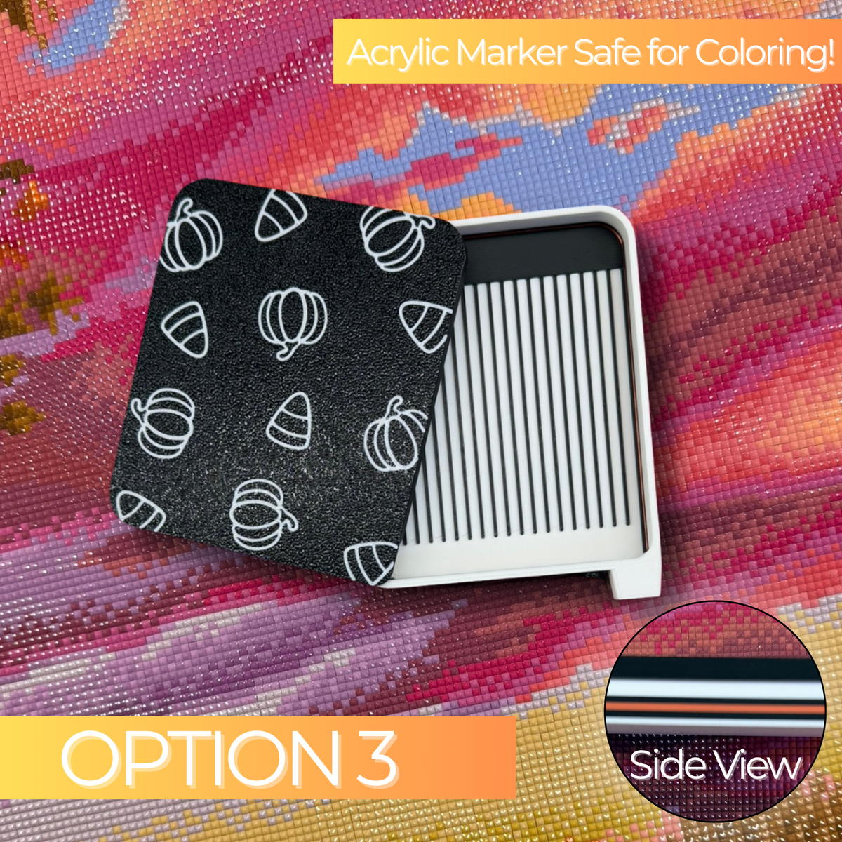 Pumpkin Candy Corn Diamond Art Tray, Option 3, featuring a white 3D printed drill tray with black grooves and a black sliding lid decorated with white pumpkin and candy corn outlines. The lid is suitable for coloring with acrylic markers, and a side-view inset shows the layered tray colors.