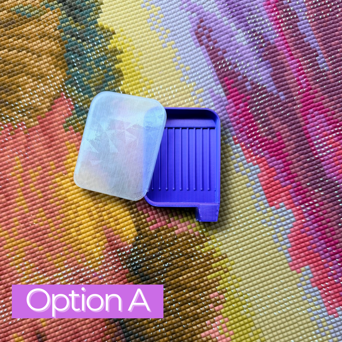 small purplish blue tray with translucent lid