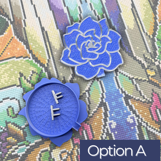 Two blue floral-shaped trays on a colorful pixelated background with 'Option A' text.