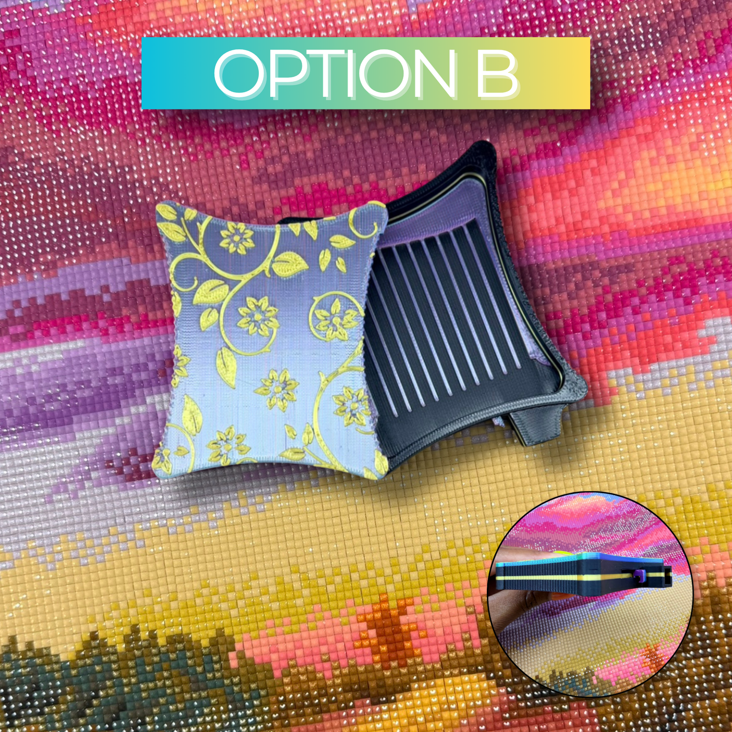 Option B tray black tray base with purple shiny lines, silver lid with gold accents