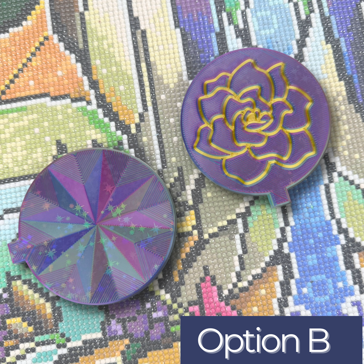Two purple floral trays on a mosaic background with 'Option B' text.