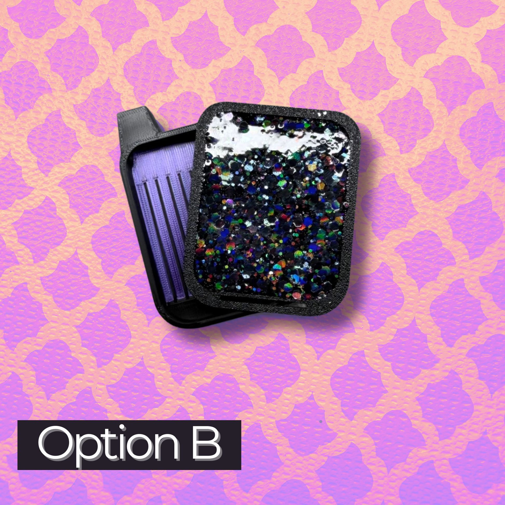 Black glitter container with pink and yellow patterned background, labeled 'Option B'.