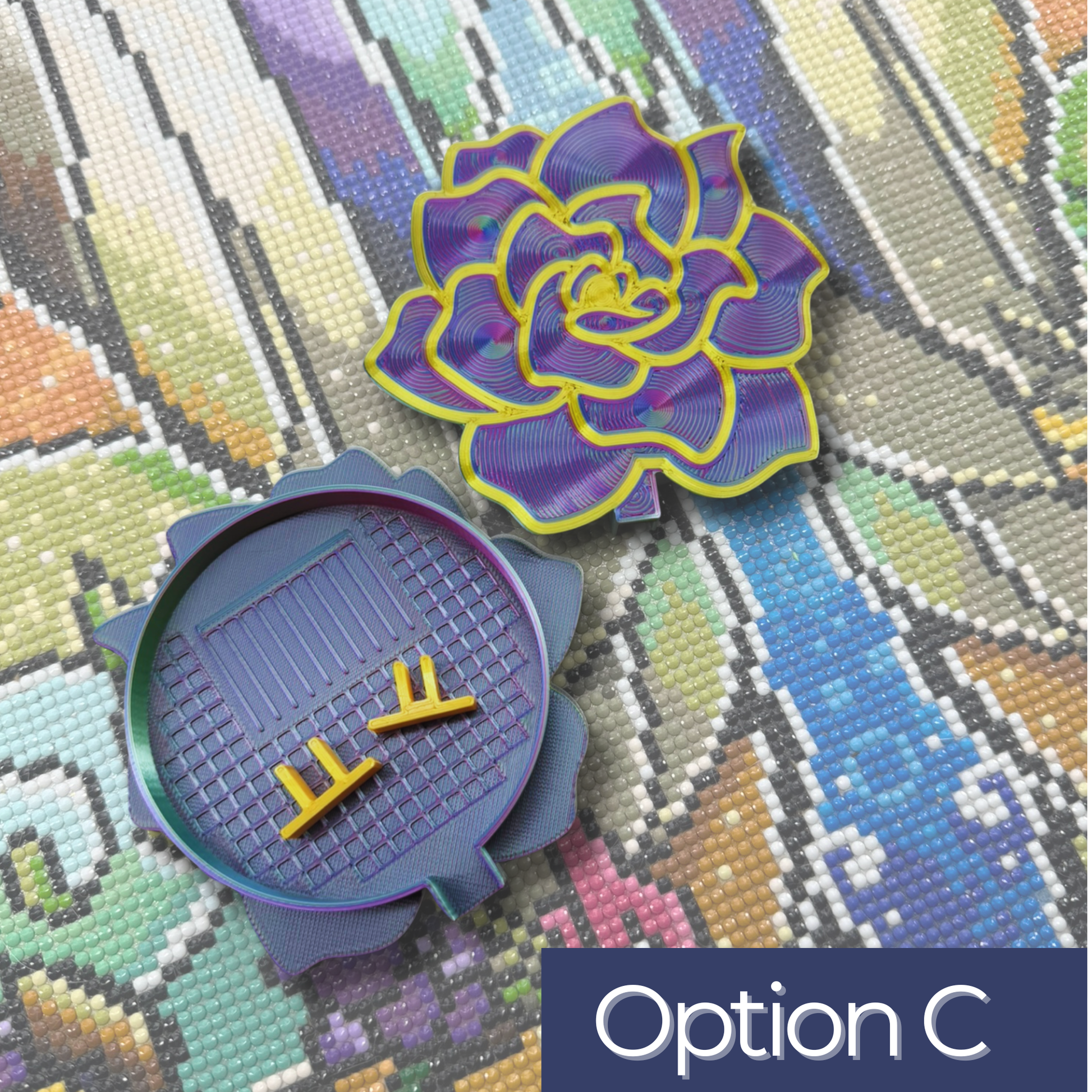 Colorful purple flower shaped trays on a colorful background with 'Option C' text.