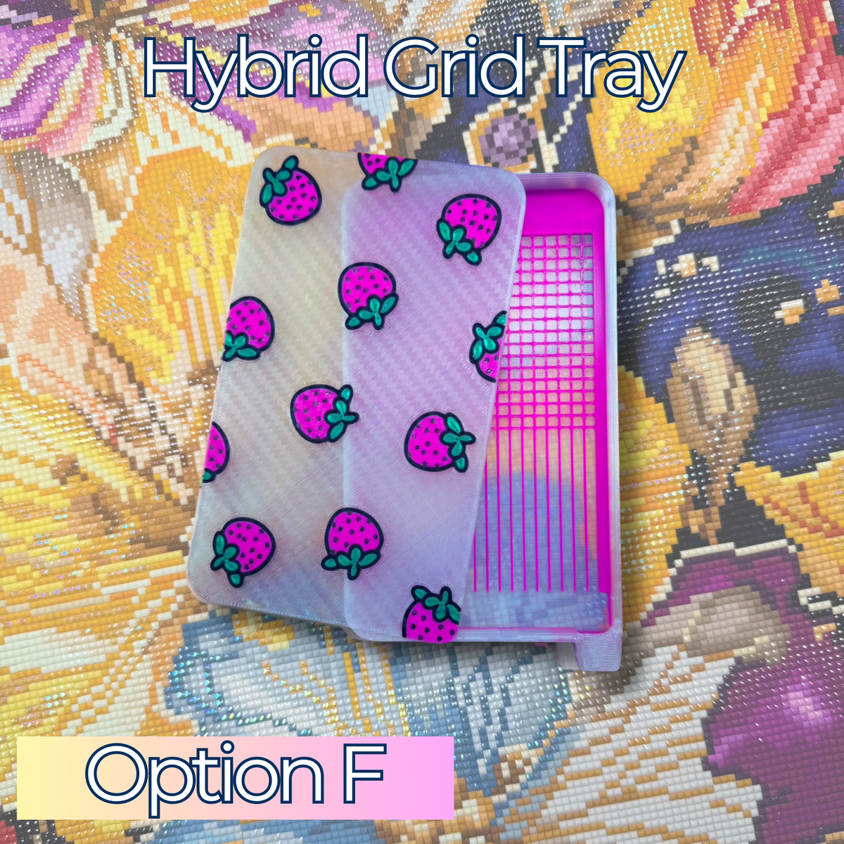 Hybrid Grid Tray, Option F, featuring a strawberry-patterned lid and bright pink grid-and-line sorting grooves.