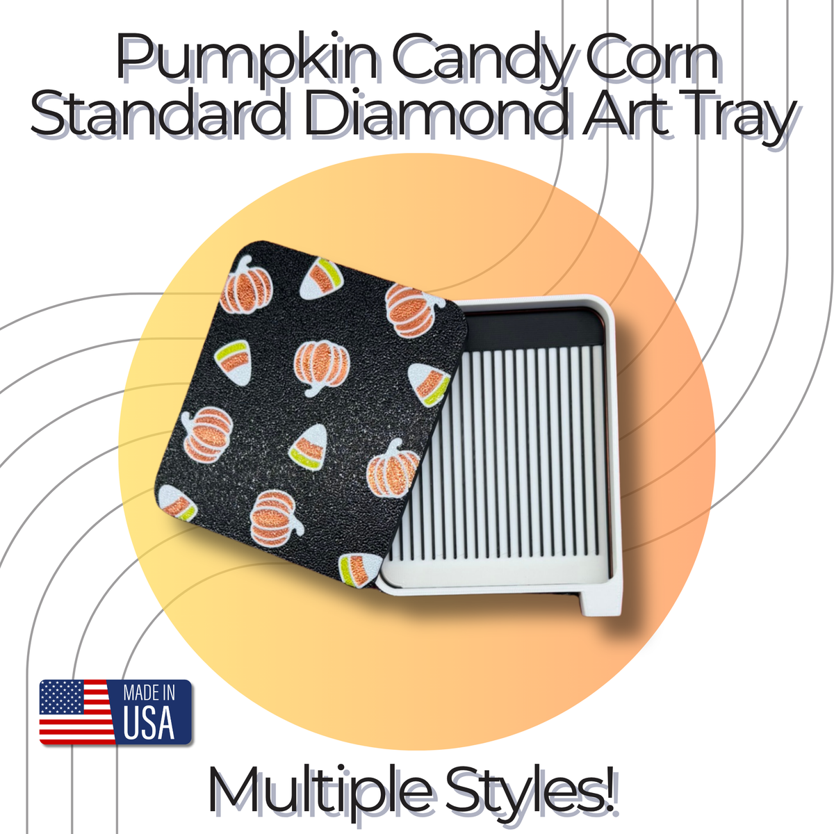 A diamond art tray with a black lid patterned with pumpkins and candy corn, shown open to reveal the striped interior. Large text reads 'Pumpkin Candy Corn Standard Diamond Art Tray' and 'Multiple Styles!' with a 'Made in USA' badge.