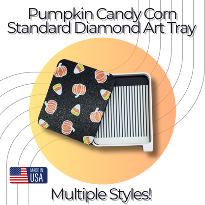 A diamond art tray with a black lid patterned with pumpkins and candy corn, shown open to reveal the striped interior. Large text reads 'Pumpkin Candy Corn Standard Diamond Art Tray' and 'Multiple Styles!' with a 'Made in USA' badge.