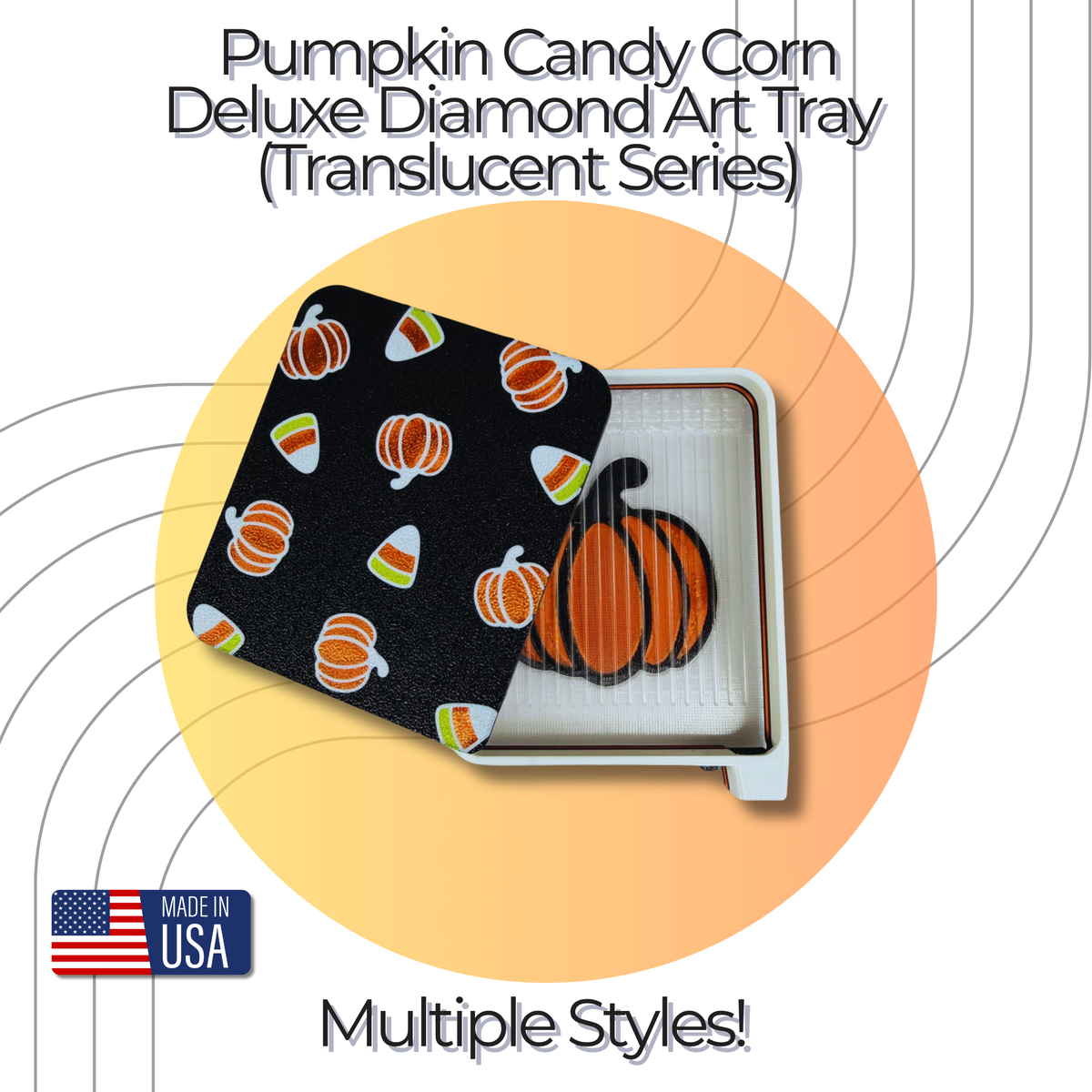 Pumpkin Candy Corn Deluxe Diamond Art Tray from Diamond Painters Anonymous, featuring a translucent 3D printed tray with an orange pumpkin design, black fall-themed sliding lid with pumpkins and candy corn, and a Made in USA badge. Multiple styles available.