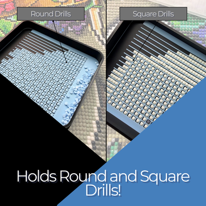 Comparison of round and square drills on a textured surface with text indicating compatibility.