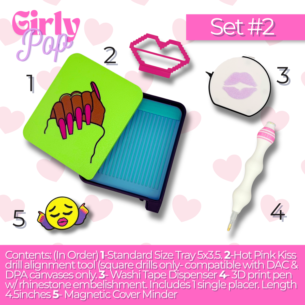 Girly Pop Set #2 product graphic on a white background with pale pink hearts. The set includes a lime green 5 x 3.5-inch diamond painting tray featuring a hand with brown skin and long pink nails, a hot pink kiss-shaped square-drill alignment tool, a white washi tape dispenser with a lavender lips design, a white and pink rhinestone embellishment pen, and a magnetic emoji-style cover minder with pink lips and nail polish bottles. Each item is numbered 1 through 5