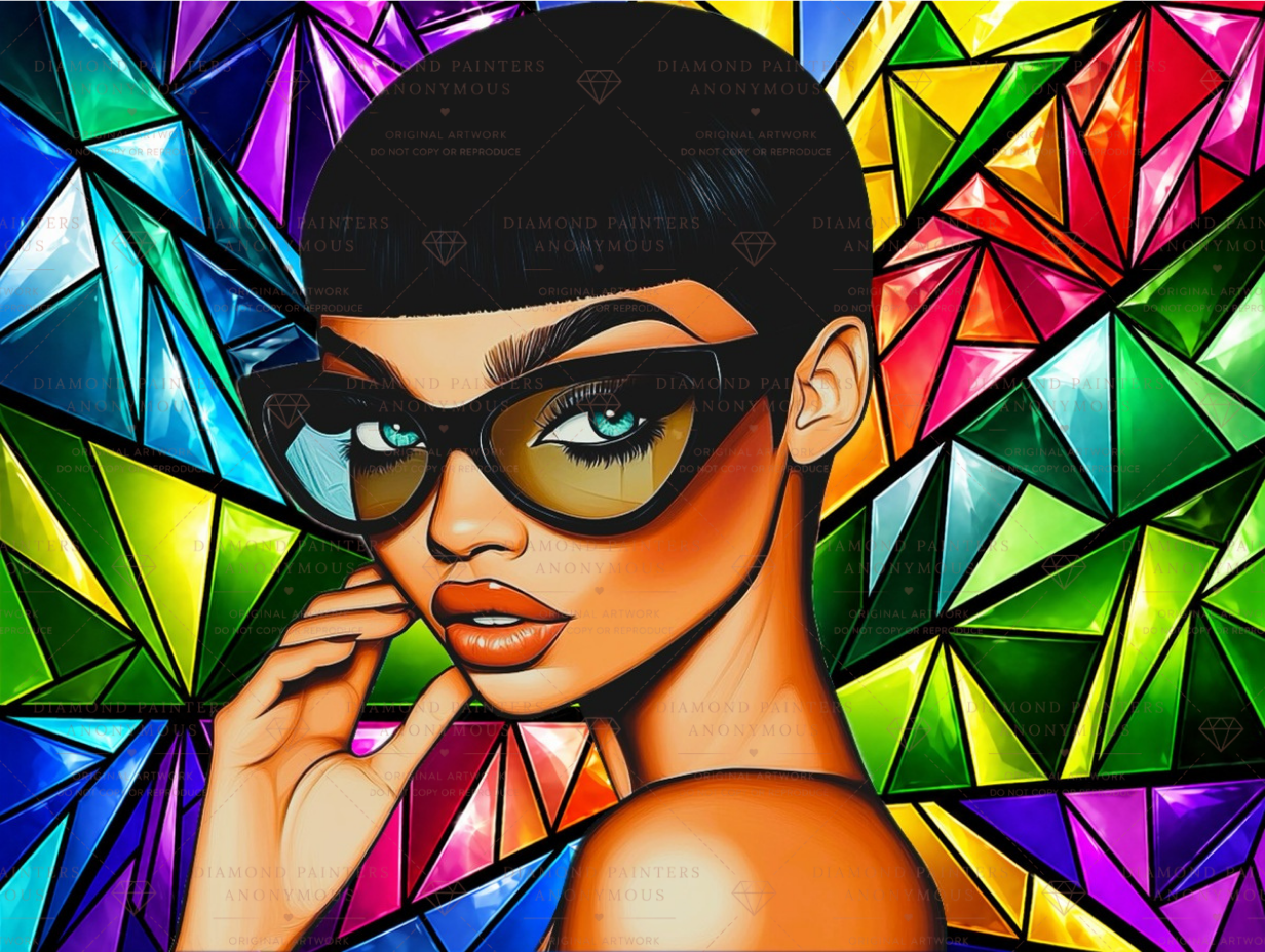 DIAMOND ART CANVAS OF A WOMAN WITH SHADES AND A COLORFUL KALEDIOSCOPE BACKGROUND