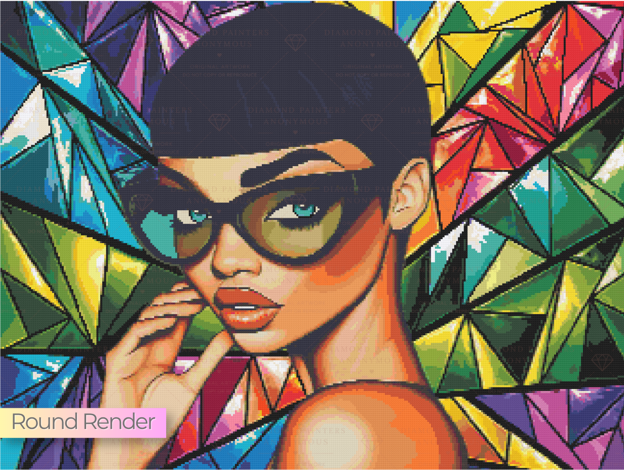 bright kaleidoscope background with woman wearing shades in the forefront diamond art canvas